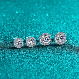 Elegant S925 sterling silver moissanite halo stud earrings set with crystal accents