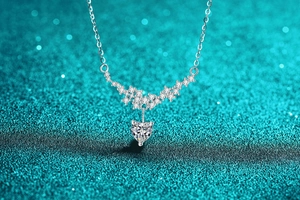 Detail of S925 sterling silver heart necklace with moissanite stones and glitter background
