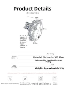 Detailed size chart and care guide for 1.0ct moissanite heart crown silver ring