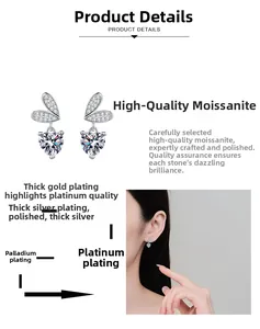Dettaglio di orecchini moissanite a cuore con placcatura multistrato stile platino