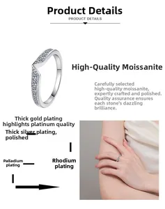 Detailed view of V-shaped moissanite eternity ring with silver plated finish and sparkling gems