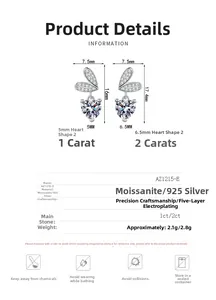 Specifiche tecniche e dimensioni dei orecchini a cuore in argento S925 moissanite