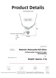 Detail of 925 sterling silver heart moissanite necklace with dimensions and parameters