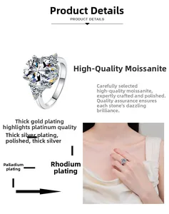Macro detail of oval moissanite ring with three-stone setting and polished silver plating