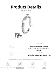 Detailed specs of S925 silver V-shaped moissanite ring showing 0.33ct stones and dimensions