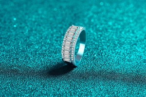 Macro detail of S925 silver ring featuring baguette-cut and micro-pave crystals
