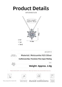 Macro detail of S925 silver snowflake pendant with moissanite and size dimensions