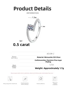 Detailed specs of S925 silver moissanite ring showing 0.5ct stone and dimensions
