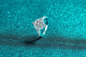 Detailed macro view of S925 silver moissanite ring featuring a cluster flower design