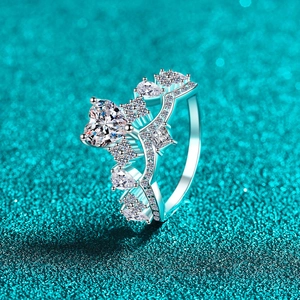 Luxurious S925 silver crown ring with heart-shaped moissanite and multi-cut stones