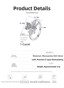 Detailed specs of S925 sterling silver moissanite ring with 1.0ct heart-shaped stone