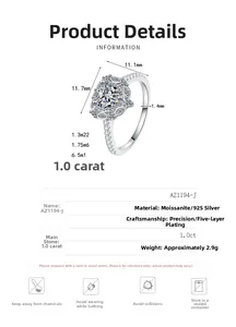 Nahaufnahme des 1,0ct Moissanit-Silberrings mit Herzschliff und detaillierten Maßen