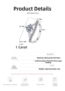 Detail view of 925 sterling silver ring with 1ct moissanite and technical dimensions