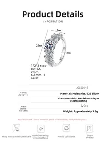 Détails de bague en argent 925 avec moissanite de 1 carat et spécifications de placage