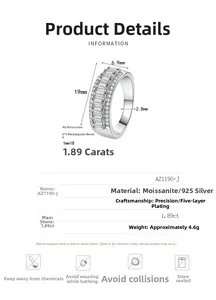 Detailed specs of S925 silver moissanite ring showing 6.9mm width and 1.89ct stone size