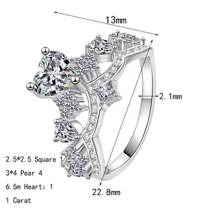 Elegant S925 sterling silver ring with 1ct heart moissanite and crown accents