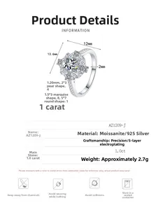 Detailed size specifications for a 1.0ct moissanite S925 silver ring with 12mm center width