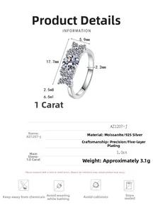 Detail showing 925 silver moissanite ring dimensions with 1.0ct stone specifications