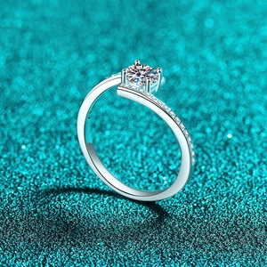 Elegant 925 sterling silver bypass ring with round moissanite and micro-pave side diamonds