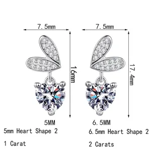 Orecchini a cuore in argento S925 e moissanite misure 1ct e 2ct su sfondo bianco