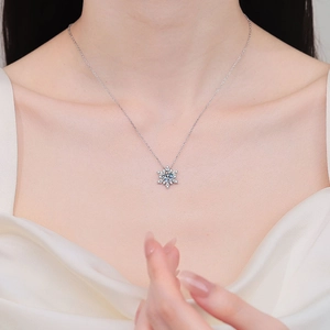 Elegant S925 sterling silver snowflake pendant necklace with moissanite on white silk