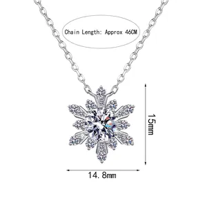 S925 sterling silver snowflake pendant necklace with dimensions 15x14.8mm and 46cm chain