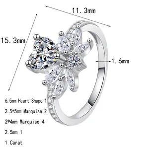Exquisite S925 sterling silver ring with 1ct heart moissanite and floral marquise cluster