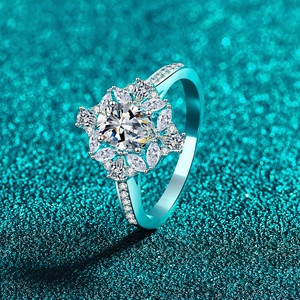 Sparkling S925 silver flower ring with round moissanite center and halo stones