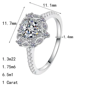 S925 Sterling Silber Herz Moissanit Ring mit detaillierten Größenabmessungen