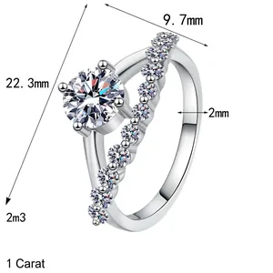 Elegant 1 carat moissanite ring in S925 sterling silver with crossover pavé band design