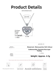 Detailed specifications of S925 silver heart necklace with 1ct moissanite and size chart