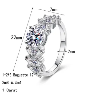 Bague luxueuse en argent 925 avec moissanite de 1 carat et pierres rectangulaires