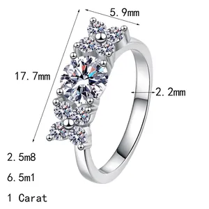 S925 sterling silver moissanite ring with detailed 1 carat round cut stone dimensions