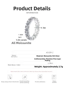 Macro detail of 4.3mm S925 silver moissanite ring showing 1.56ct stones and size specs
