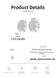 Detail showing 925 silver moissanite wavy earrings size 12.8mm by 16.9mm with 1.53ct stones