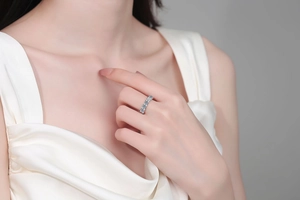Close-up of elegant S925 sterling silver moissanite eternity band ring on a finger