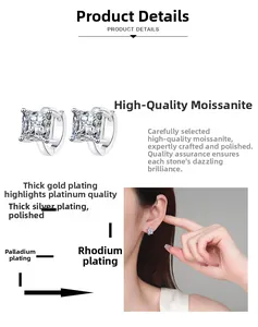 Détails des boucles d'oreilles en moissanite carrée avec placage rhodium et vue portée