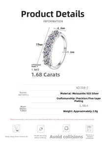Macro detail of S925 sterling silver band with 1.68ct moissanite row setting and specs