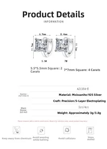 Tableau détaillé des boucles d'oreilles moissanite en argent 925 et icônes de soin