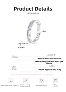 Detailed specs of 925 silver moissanite ring with 2.32ct square stones and 3.2mm width