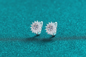 Detailed macro view of S925 silver maple leaf earrings with sparkling moissanite stones