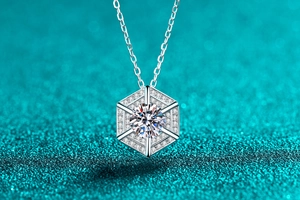 Macro view of S925 silver hexagonal pendant with a brilliant round moissanite center stone