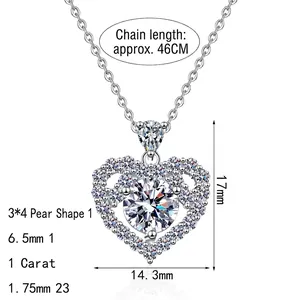 S925 sterling silver heart necklace with a 1 carat round moissanite central stone pendant
