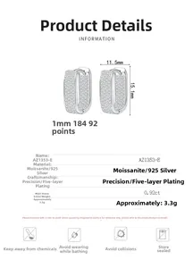 Detailed specs of S925 silver moissanite earrings with 11.5x15.1mm dimensions and 0.92ct stone
