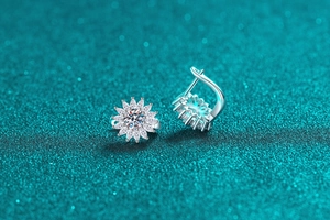 Macro view of S925 silver maple leaf earrings with sparkling moissanite stones