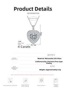Vue détaillée du pendentif cœur en Moissanite 4.0ct avec dimensions et spécifications techniques