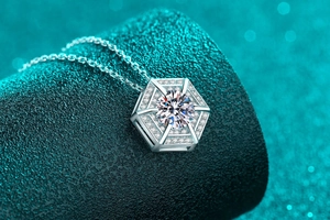 Macro shot of S925 sterling silver hexagonal pendant featuring a brilliant moissanite stone