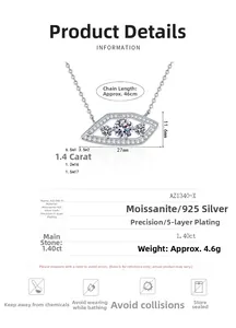 Détails du collier pendentif œil en argent S925 avec pierre de moissanite de 1,40ct