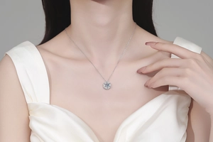 Detail of a sparkling S925 sterling silver hexagon pendant necklace worn by a model