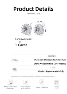Detailed size specifications for S925 silver sunflower moissanite stud earrings